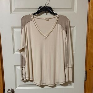 Women's Cream and Tan V-Neck Top